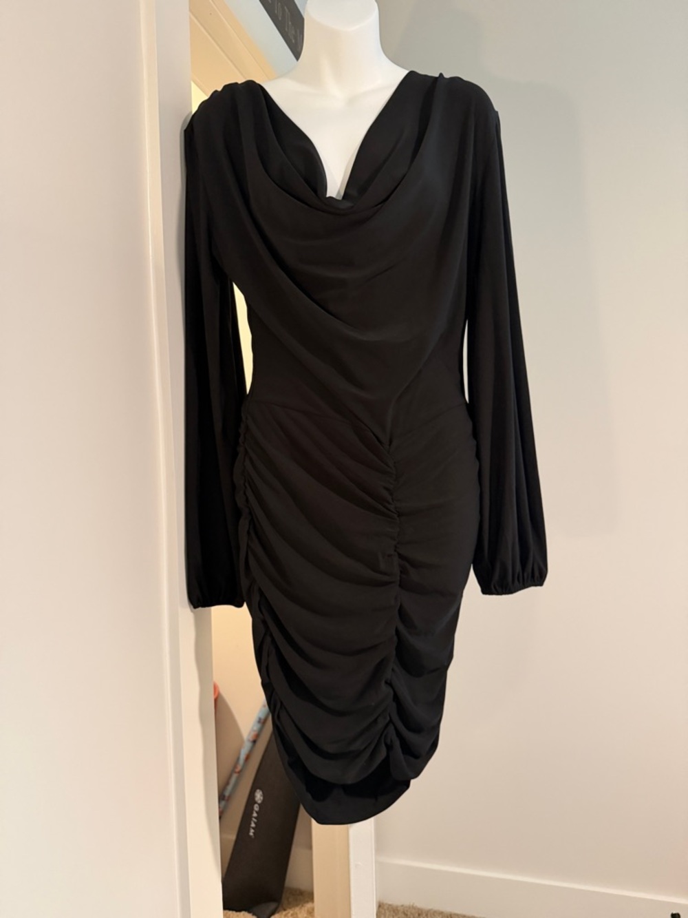 Venus Elegant Black Draped Long-Sleeve Ruched Dress